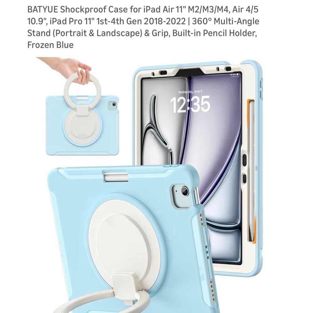 BATYUE Shockproof iPad Air Pro 11” Case 360° Stand Ring Grip Pencil Holder Blue